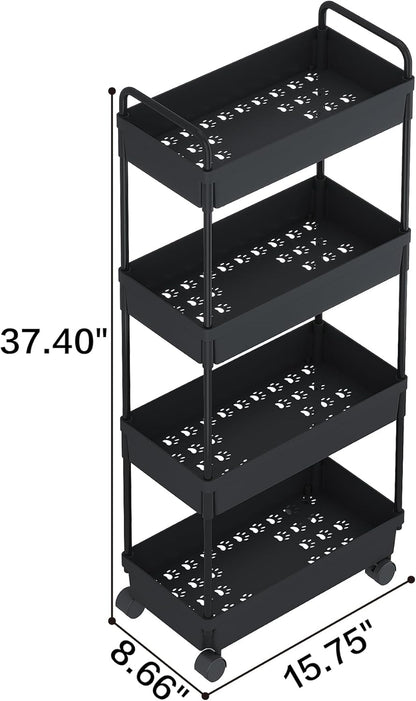 Buzowruil 4 Tier Rolling Storage Cart, Mobile Shelving Unit with Wheels for Kitchen Bathroom Laundry, Black