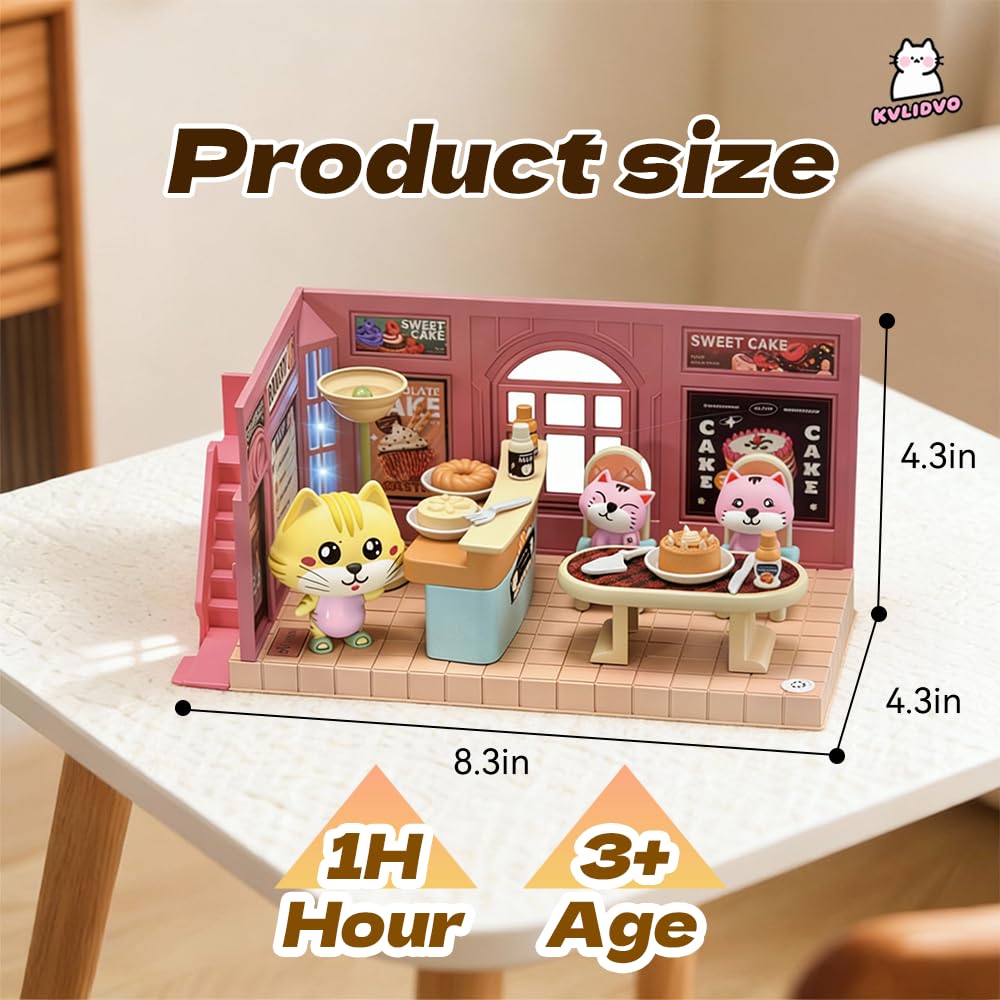 kvlidvo Koko's Cat Town DIY Miniature House Kit,Tiny Pink House Series–Cake Shop Building Kit,Dollhouse for 3 and up, Dollhouse Building Kit with Cats,Cat Toys Gift for Girls Boys Teens Kids Ages 3+