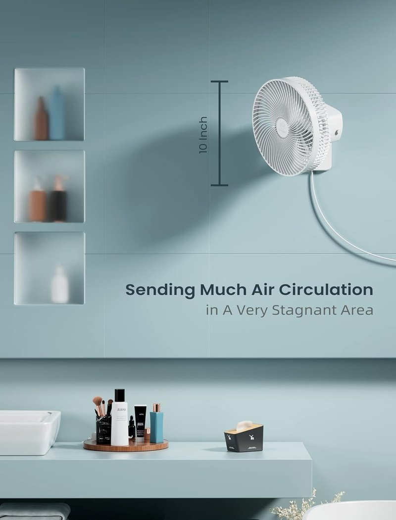 10 Inch Quiet Wall Mount Oscillating Fan with Remote & Timer, 4-Speed Portable Air Circulator for RV Indoor Use, Adjustable Tilt with 5.9ft Adapter, 90° Cooling for Home Office Bedroom Bathroom