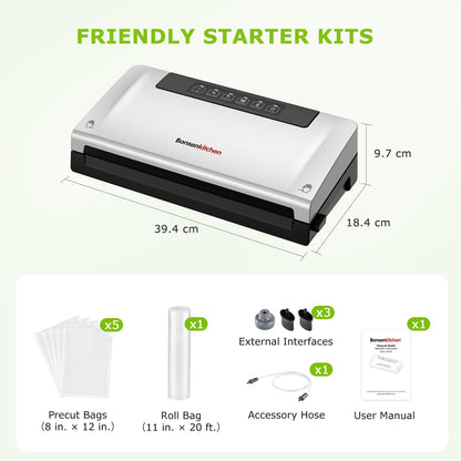Bonsenkitchen Vacuum Sealer Machine, Built-in Cutter | Bag Storage, Multifunctional Food Sealer for Sous Vide & Meal Prep, 1 Roll Bag & 5 Pre-Cut Bags, Silver