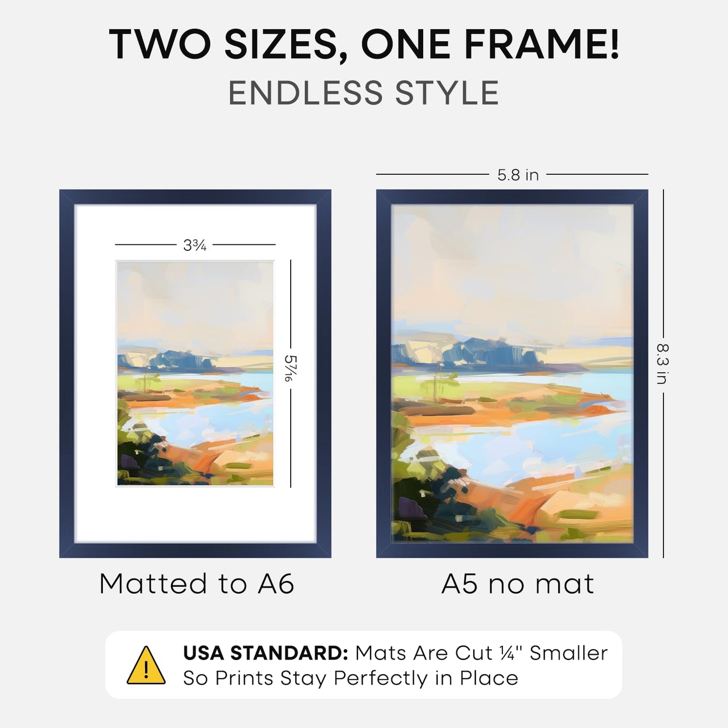 Homeforia A5 Navy Blue Frame, High End Metal 5.8 x 8.3 Picture Frames Matted to 4.1 by 5.8 inch Art, A5 Display Photo Frame with Mat A6, 5.8x8.3 Blue Poster Frames, Tempered Glass, Wall Kit, Set of 1