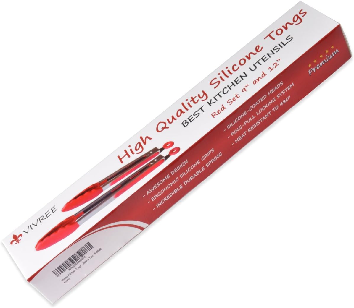 MEKBOK Kitchen Tongs Set - Stainless Steel Salad & Grill Tongs with Silicone Tips, 9" & 12" (Red)