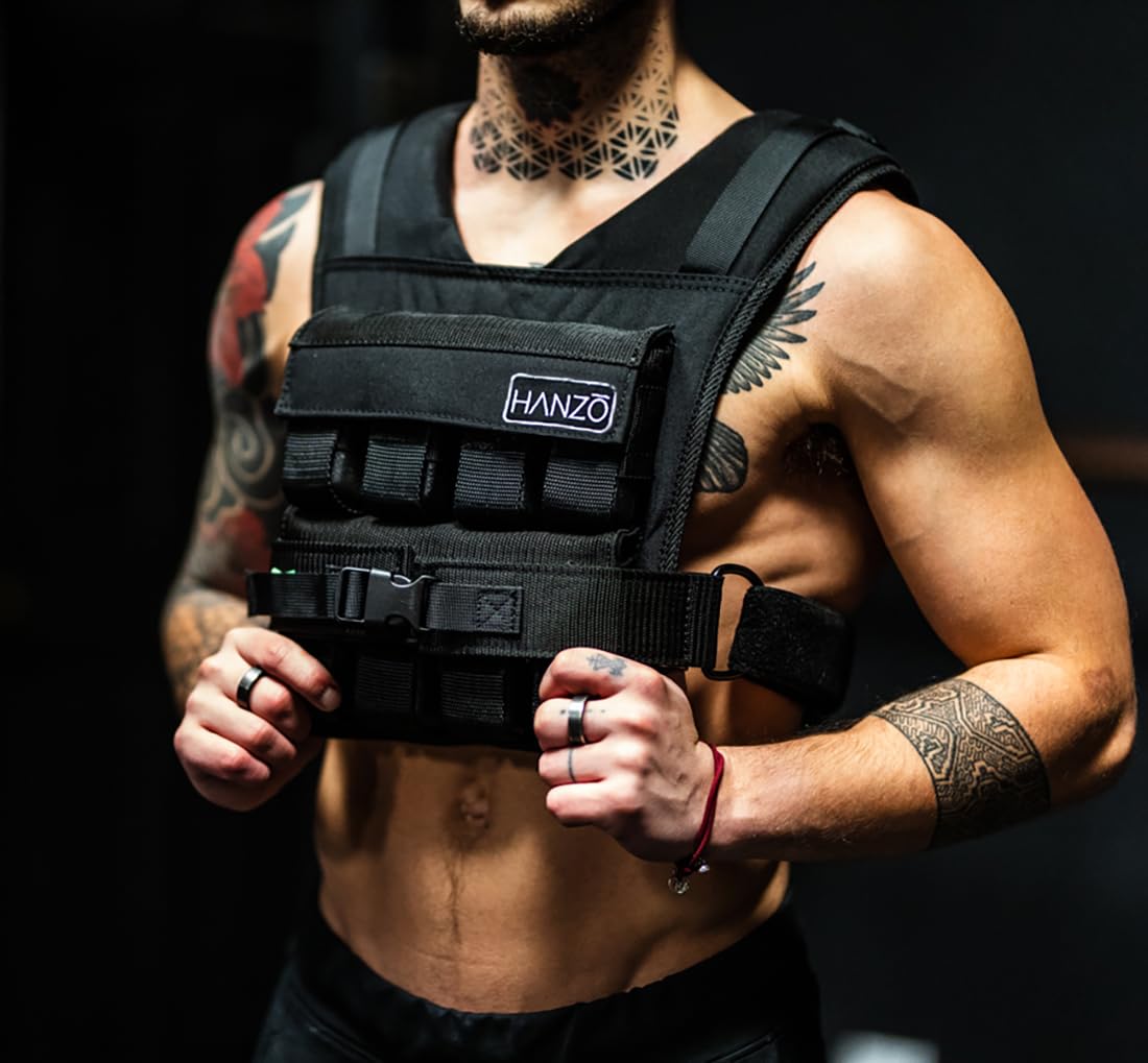HANZO Weighted Vest for Men - Rucking & Strength Training Vest 25lbs–65lbs, Weight Vest With Removable Iron Weights, Adjustable Heavy Duty Weighted Workout Vest for Calisthenics & Fitness Training, Rucking Vest