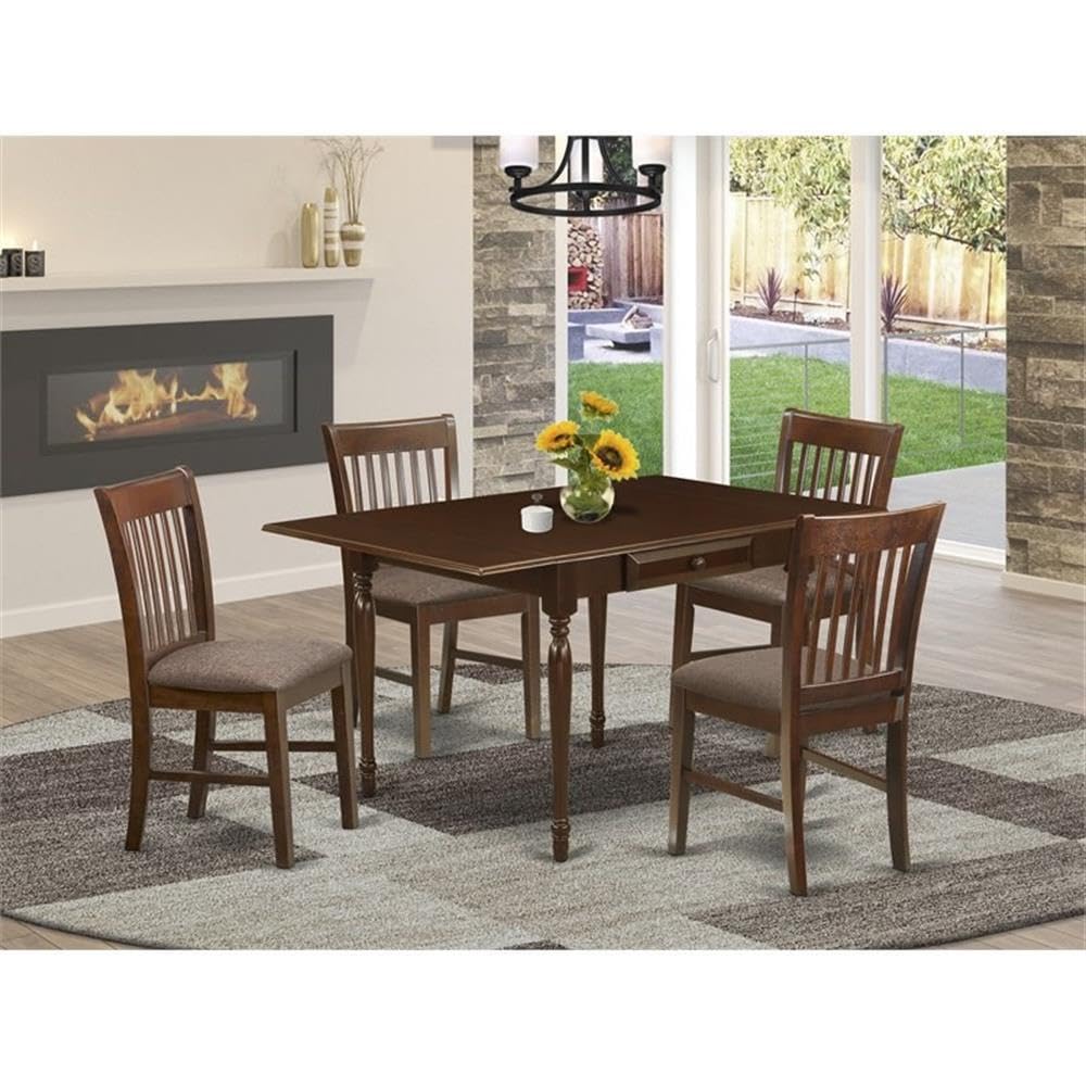 East West Furniture MZNO5-MAH-C 5 Piece Modern Dining Table Set Includes a Rectangle Wooden Table with Dropleaf and 4 Linen Fabric Dining Room Chairs, 36x54 Inch, Mahogany