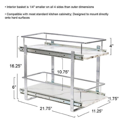 Household Essentials Glidez Chrome-Plated Steel and Faux Marble 2-Tier Pull-Out/Slide-Out Storage Organizer, 11.25" Wide, White and Chrome