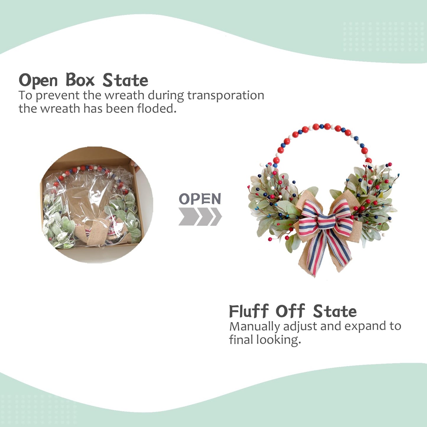TEMPUS 4th of July Independence Day Wreath Red, White and Blue Wooden Bead Berries Wreath Lambs Leaves Ring Wreath 16 inch Patriotic Decorations for Front Door，Memorial Day Flag Day Veterans Day