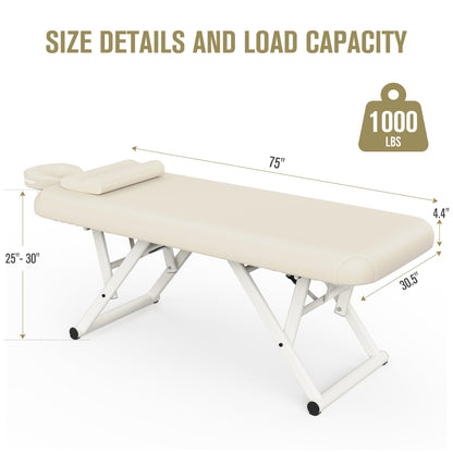 pouseayar Adjustable Massage Table with Face Pillow & Headrest, Sturdy and Solid, Silent and Easy to Adjust for Treatment Table Physical Therapy Table Spa Facial Bed - Fixed Backrest, Beige Gray