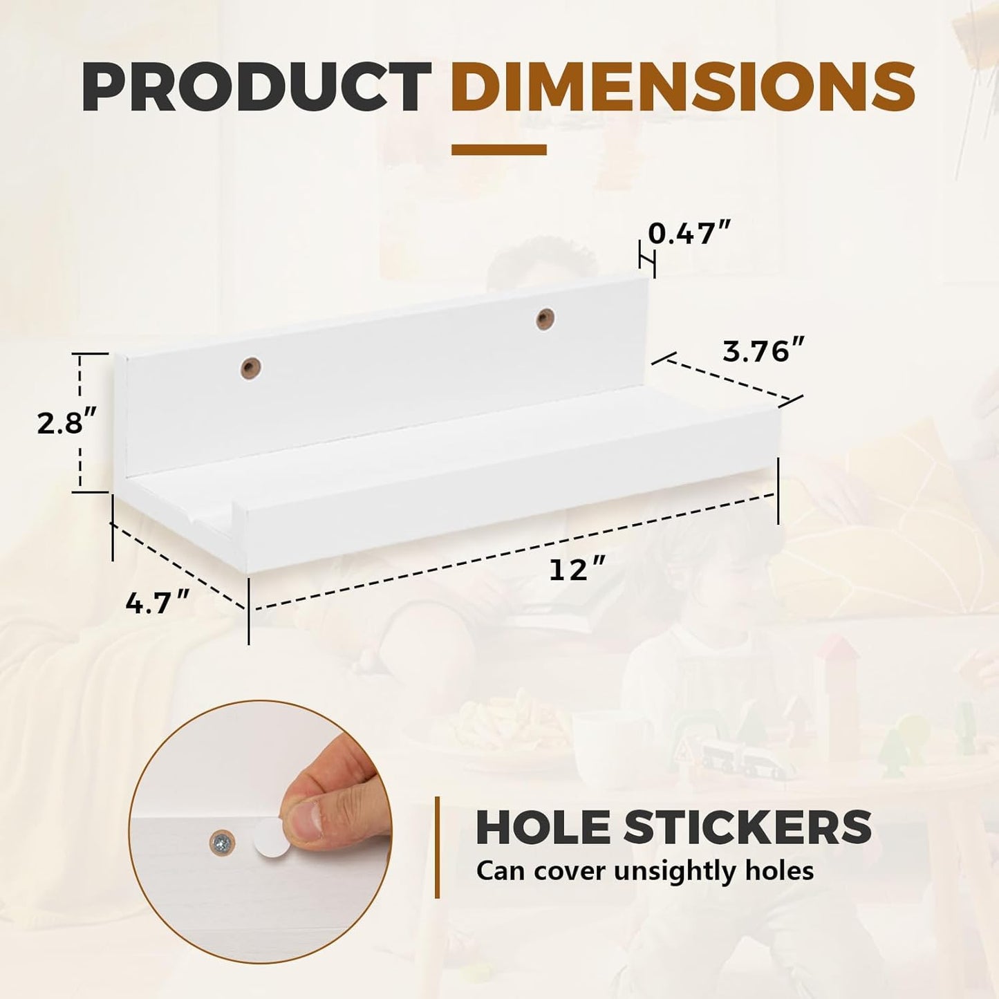 12" Set 2 Muzilife Small Floating Wall Ledge Shelves with Lip - of Wood Floating Shelves - White Wall Mounted Picture