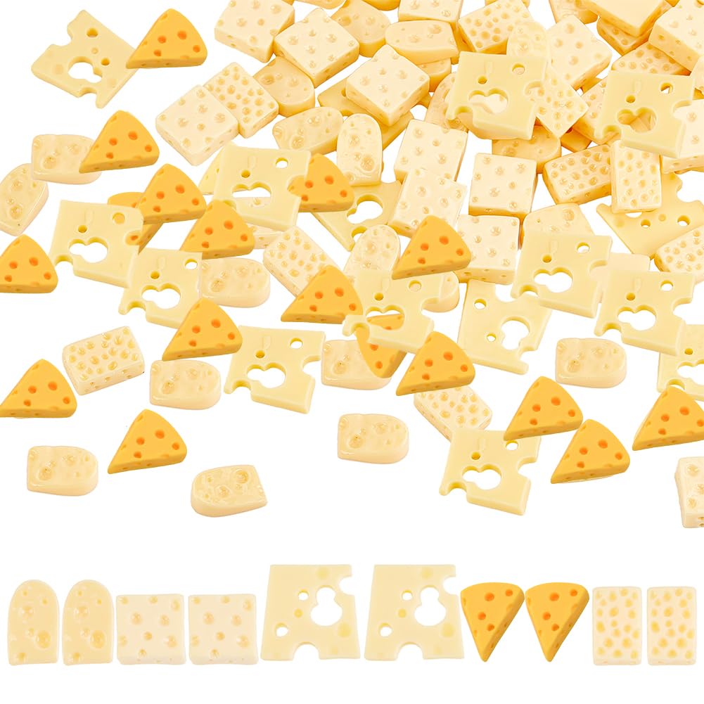 CHGCRAFT 100Pcs 5 Styles Miniature Kitchen Food Cheese Resin Simulation Cheesecake Models Gold Artificial Food DIY Decor Ornament for Dollhouse Kitchen Decoration DIY Accessory, 20x20x3mm