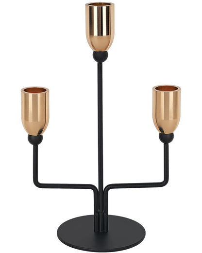 LHQOO Metal Triple Taper Candle Holder, Modern Gold & Black Candle Holder with Stable Base, Decorative Candle Stand for Home Decor, Wedding, Dining, Party, Anniversary
