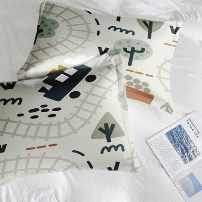 Set Cozy Set Comforter with Pillowcase Twin Size, Cute Forest Car Train City Map, Bedding Decor Funny Nursery Cartoon