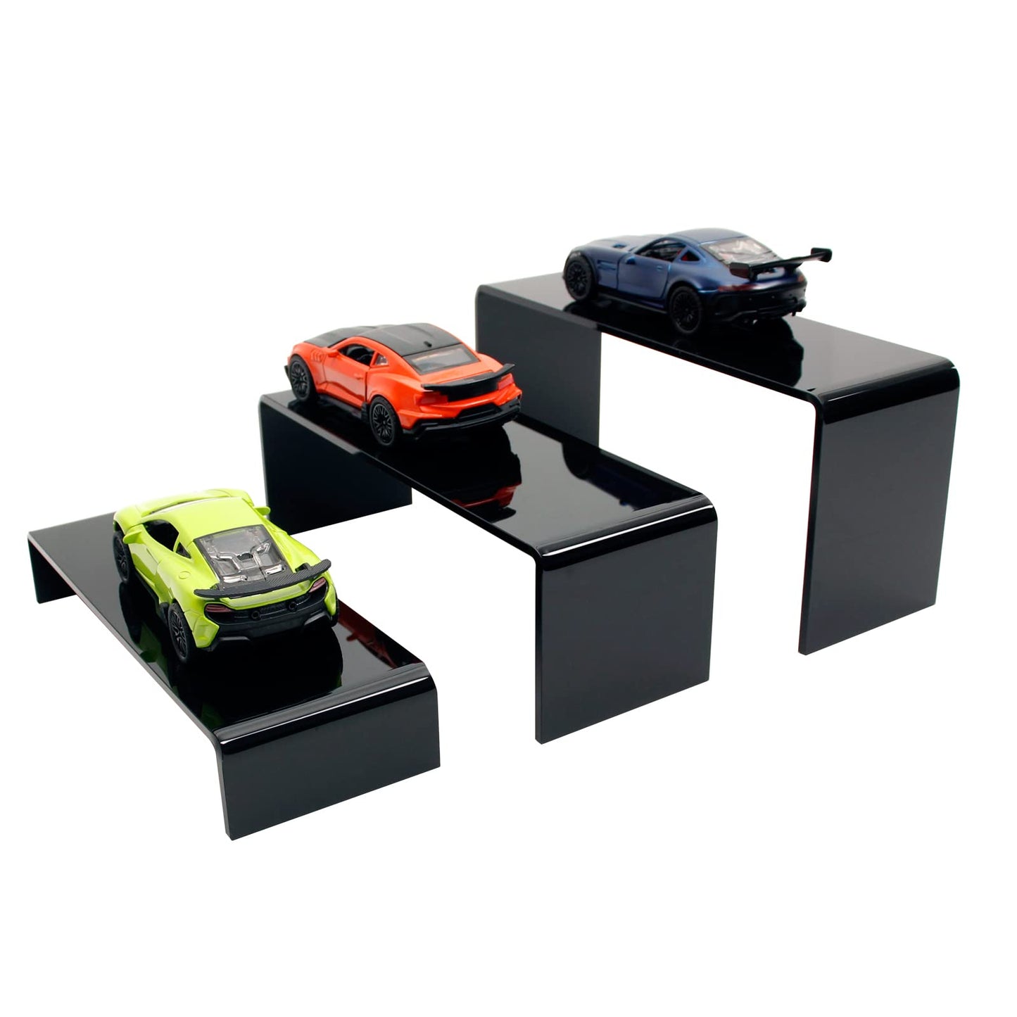 KOSKWKREO 3 Pack Black Acrylic Display Risers, Tiered Display Stand Set in 3 Sizes for Perfume, Cosmetics, Cupcakes, Figures, Toy Cars, Collectibles and Small Decor