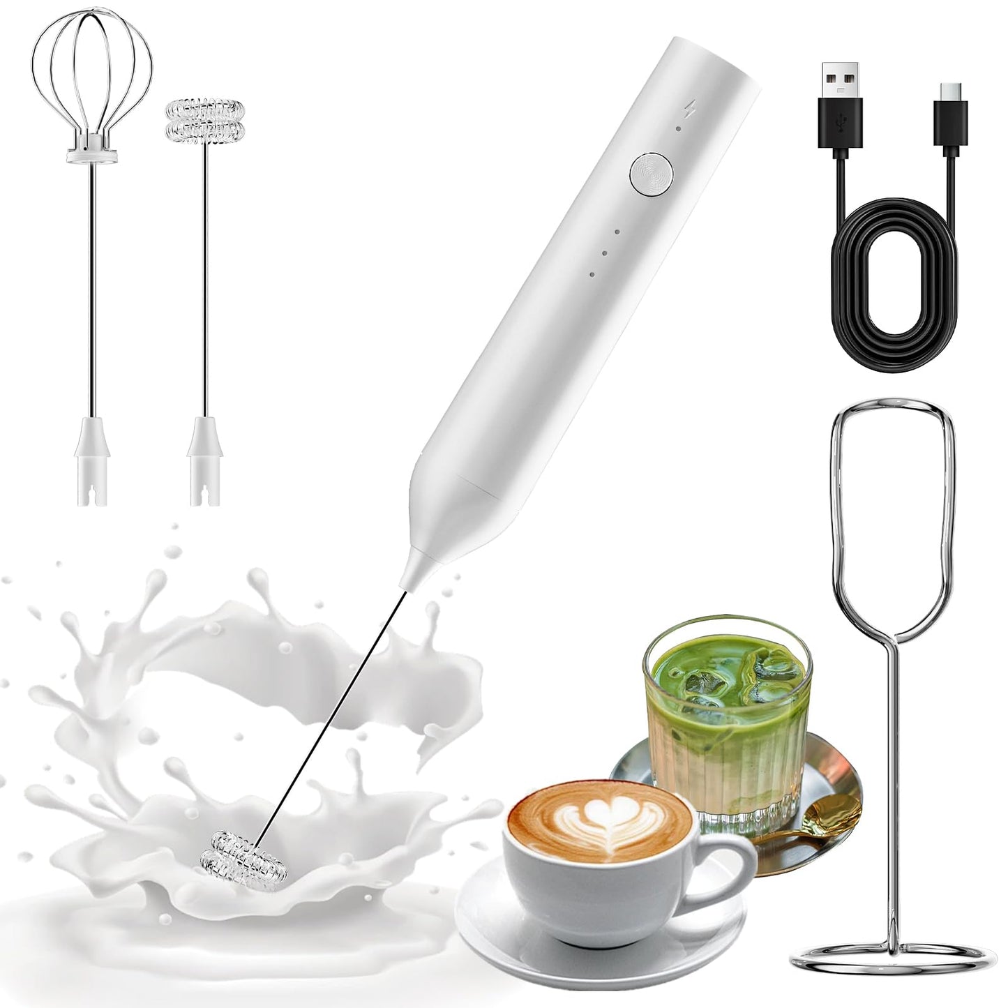 Milk Frother Handheld Rechargeable, Hand Frother with Stand, Drink Mixer Frother Wand Electric Whisk Stirrer for Coffee, Latte, Matcha, Cappuccino, Hot Chocolate, Kitchen Gifts - White
