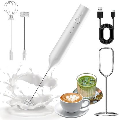 Milk Frother Handheld Rechargeable, Hand Frother with Stand, Drink Mixer Frother Wand Electric Whisk Stirrer for Coffee, Latte, Matcha, Cappuccino, Hot Chocolate, Kitchen Gifts - White