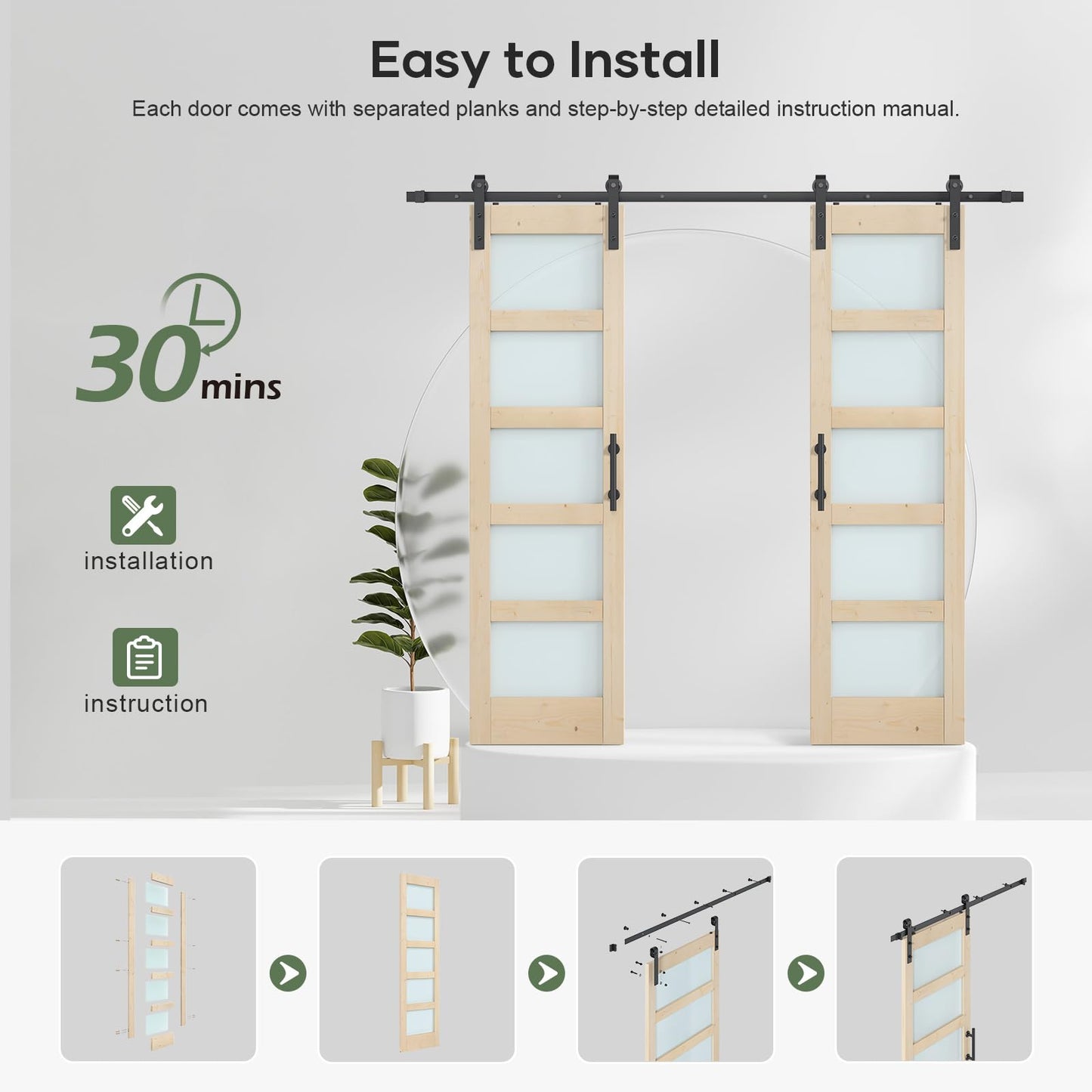 ROYMELO Double 24×84 inch Glass Sliding Barn Door Slab with 8ft Hardware Kit Included, 5-Panel Frosted Glass, Spruce Wood Support DIY Dyeing, Easy Assembly