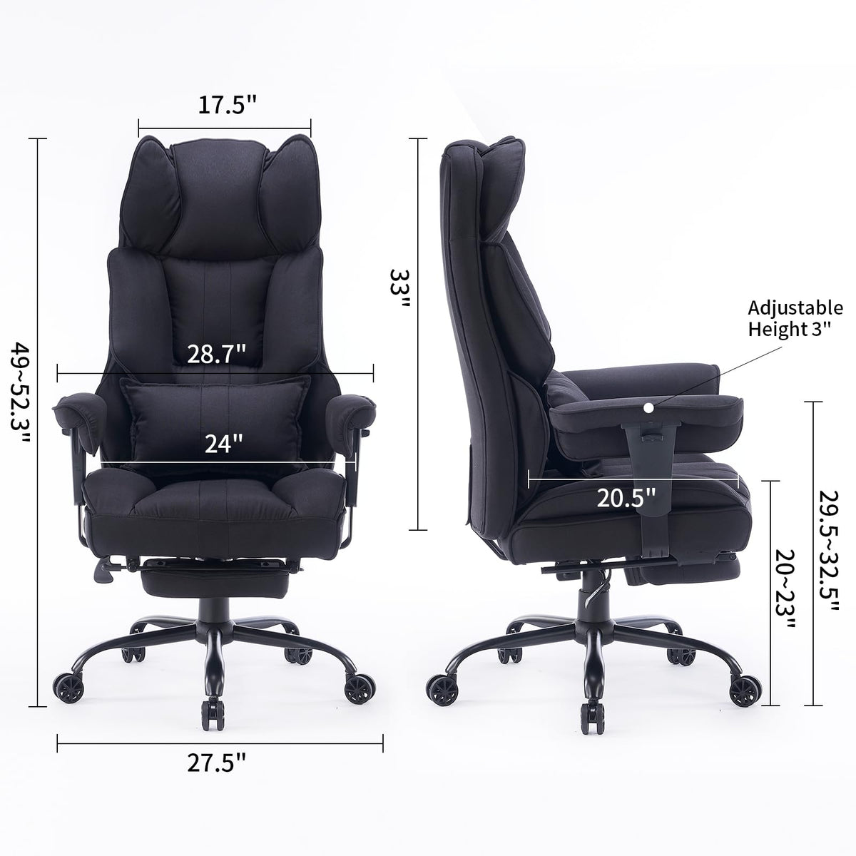 Efomao Big and Tall Office Chair 400 lb Weight Capacity, High Back Executive Office Chair with Foot Rest, Fabric Computer Chair for Back Pain Relief, Black