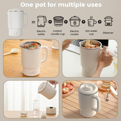 Portable Travel Kettle, 600ML Small Electric Kettle with Foldable Handle, Food Grade Stainless Steel Collapsible Water Boiler with Dual Modes, Compact Portable Kettle for RV, Camping, Beige