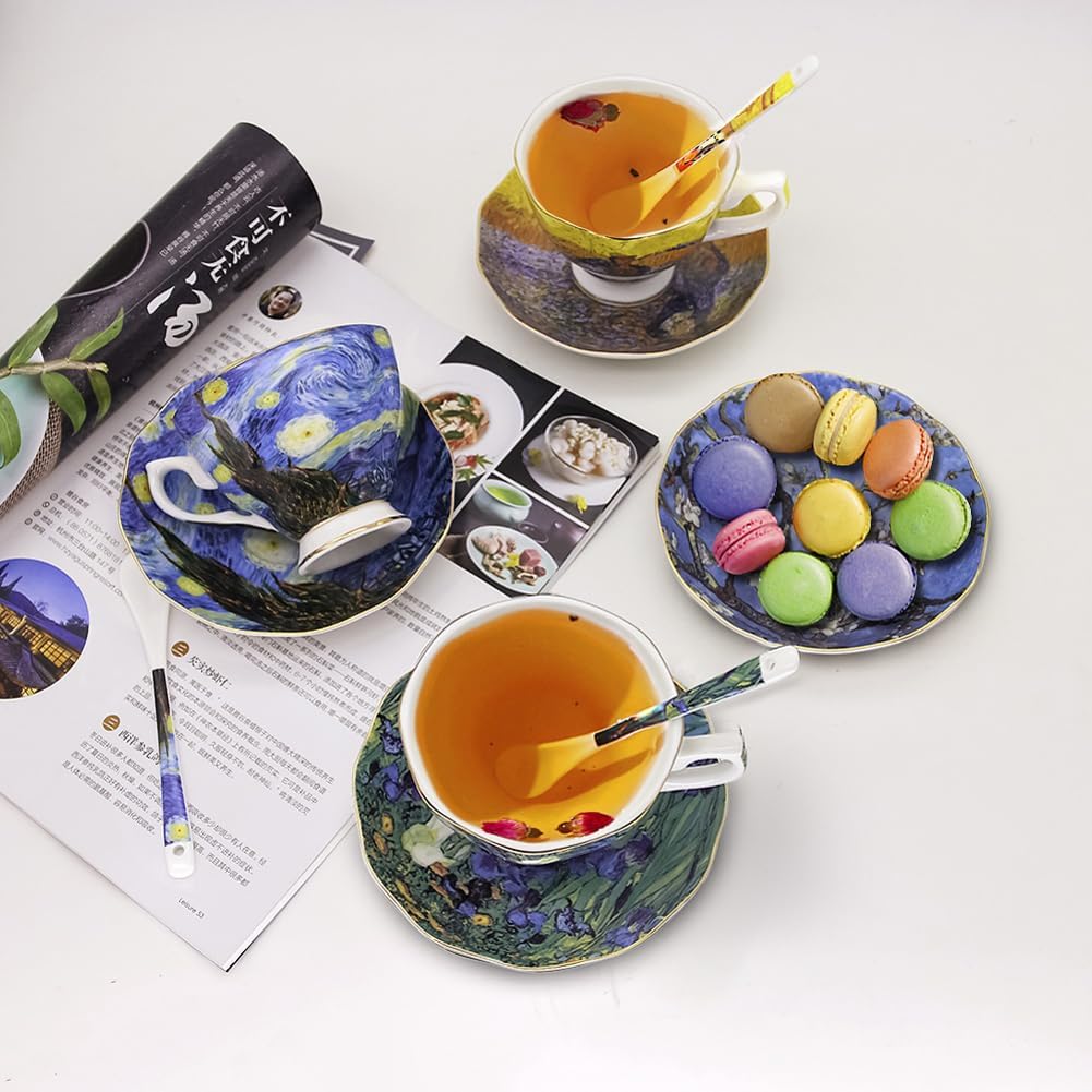 YBK Tech Bone China Cup and Saucer Set - 7oz Tea Cup Inspired by Van Gogh's Paintings (Iris Flower Design)