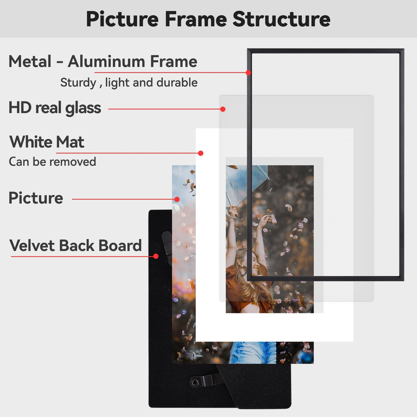 BKABOT 8x10 Picture Frame, Black Aluminum Metal Photo Frames with HD Glass, Fits 5x7 with Mat or 8 x 10 without Mat, Display for Wall and Table