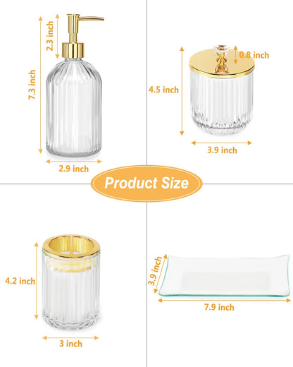 Gold Bathroom Accessories Set, 4Pcs Clear Glass Bathroom Accessory Sets Complete of Soap Dispenser, Toothbrush Holder, Apothecary Jar(Qtip Holder), Vanity Tray, Modern Home Decor Housewarming Gifts
