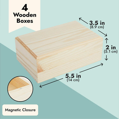 Bright Creations Wooden Boxes - 4 Pack, 5.5 x 3.5 x 2 in, Unfinished Pinewood - Wood Box with Hinged Magnetic Lid - DIY Crafts & Storage