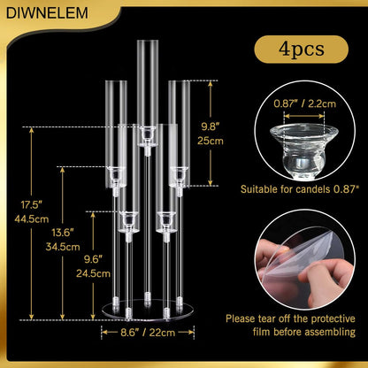 DIWNELEM 4Pcs Acrylic Candelabra Centerpieces for Wedding 5 Arm Clear Candle Candlesticks Holders 25.5" Tall Crystal Taper Candlestick with Shade Fit 0.87'' Led Candle for Christmas Party Home Decor