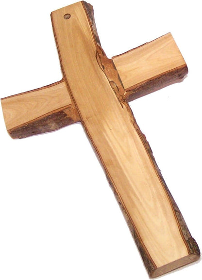 Holy Land Market Olive Wood Cross/Crucifix, 9.2" x 5.5" with Bark Edges from Bethlehem