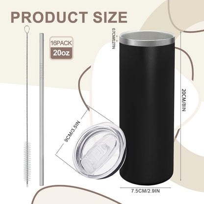 YOUKE OLA 16 Pack Stainless Steel Skinny Tumblers Bulk Straight Double Wall Powder Coated Insulated Tumbler with Lid and Straw for Laser Engrave, DIY Gift, 20oz Black