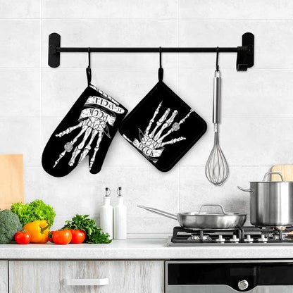 Mxocom Skeleton Oven Mitts and Pot Holders Sets Hand Rock N Roll Sign with Typography on Ribbon Black Silicone Heat Resistant Kitchen Oven Gloves Pot Holder for Cooking