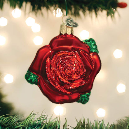 Old World Christmas Red Rose Glass Blown Ornament for Christmas Tree, Handcrafted Holiday Decoration, Floral Collection
