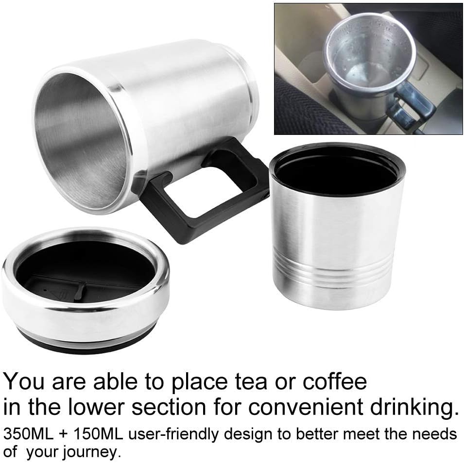 Duokon Car Hot Water Kettle, 350ML + 150ML Stainless Steel Electric Kettle for Coffee Tea Water Heating Cup 12V