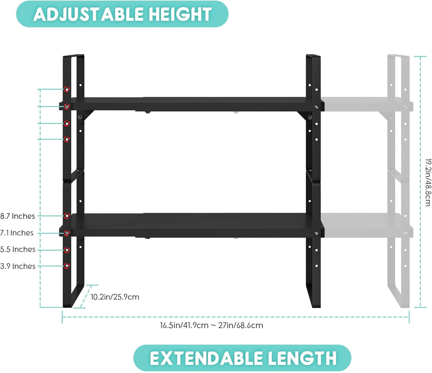 Expandable Cabinet Shelf Organizers, Stackable Metal Shelves Extender for Kitchen Cabinet Countertop Storage, Black (2