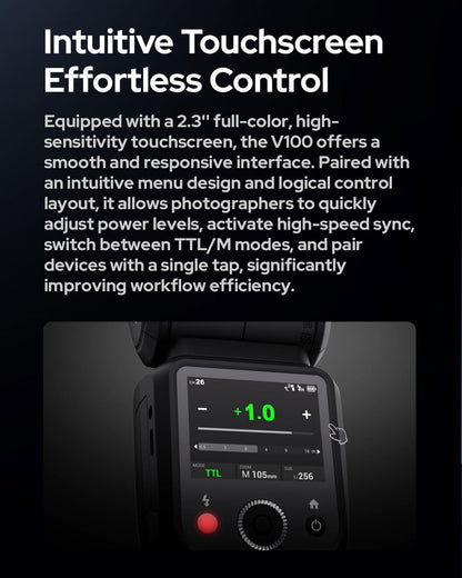 Godox V100C U Round Head Flash for Canon – 100Ws TTL Speedlite with 2.4G Wireless, Global Shutter Sync 1/8000s, Touchscreen, Built-in Li-ion Battery, Diffuser Dome Accessories Kit (V100-C US Version)