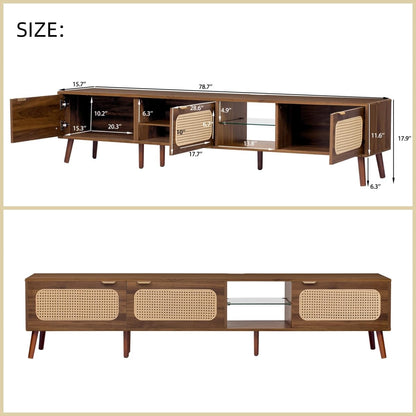 Merax 78 Inch TV Stand for Tvs up to 85", Mid Century Modern Entertainment Center with Storage, Solid Wood Media Console TV Cabinet Table with 3 Rattan-Front Drawer for Living Room