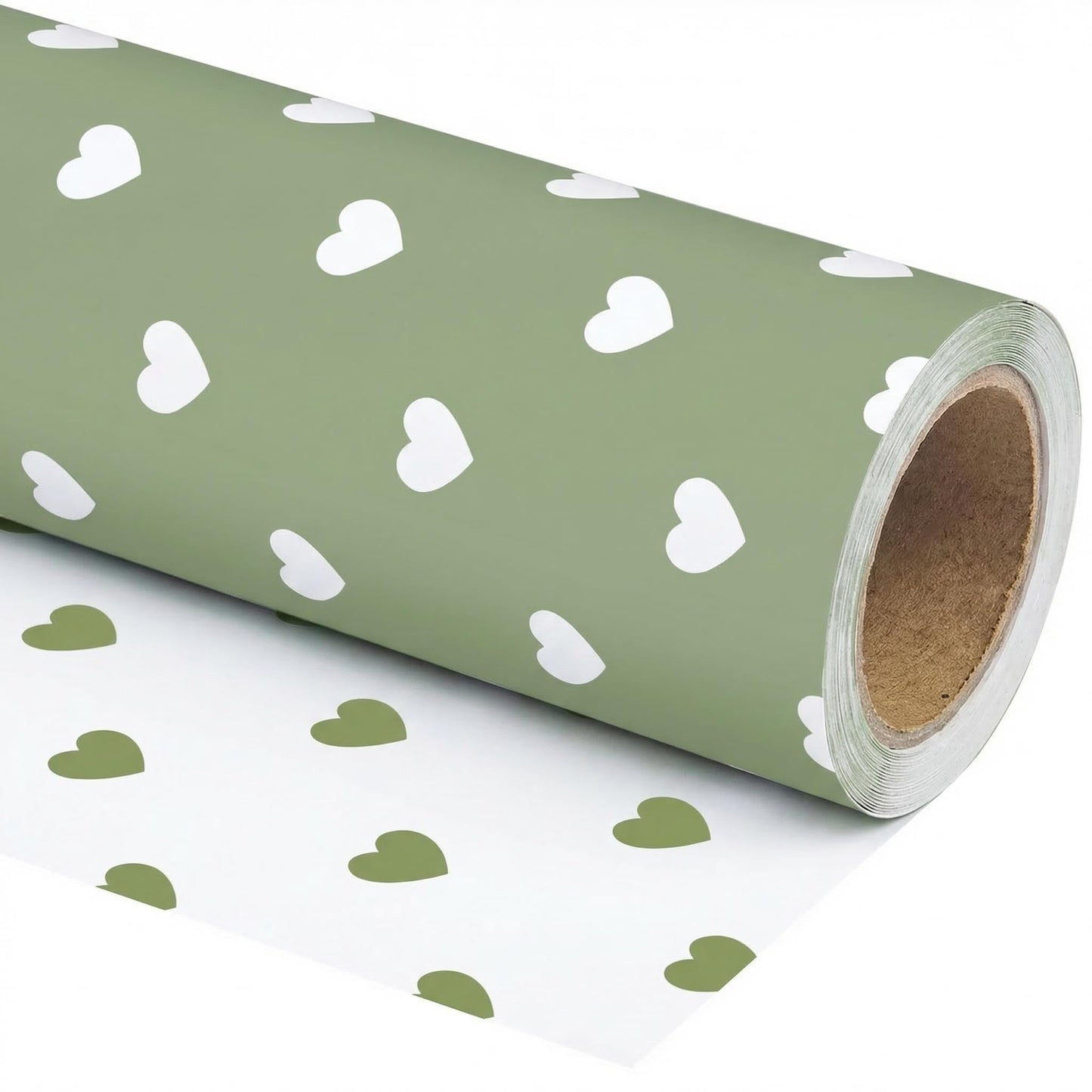 WRAPLULU Reversible Hearts Wrapping Paper Roll - 17.5" * 26 Ft. - Sage Green Gift Wrap, Perfect for Wedding, Bridal Shower, Valentines Day, Anniversary, Birthday, Baby Shower, Mother's Day