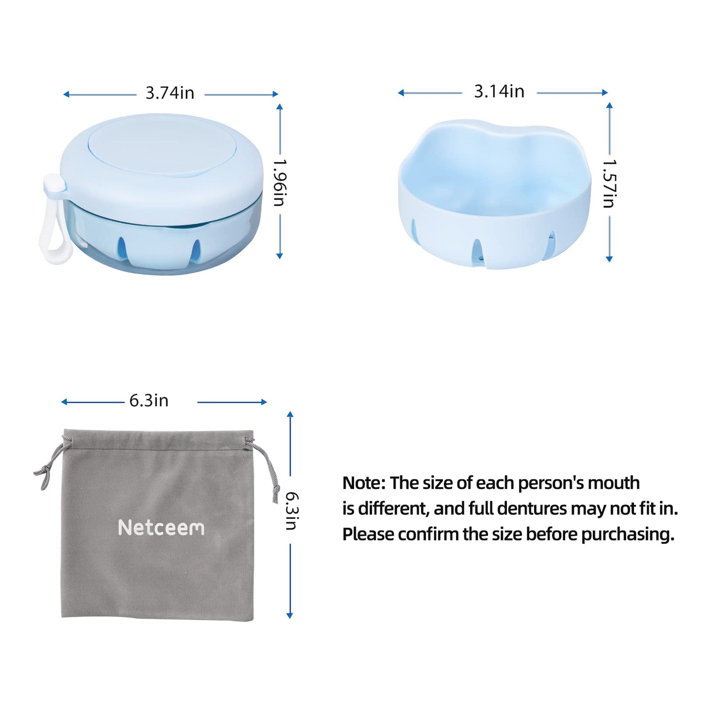 Netceem Leak Proof Denture Cup Kit Portable Retainer Case Perfect for Travel, Denture Case Container Cleaning Care for Dentures Aligner Mouth Guard with Denture Brush,Strainer, Removal Tool and Mirror