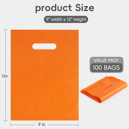 POPGIFTU Orange Plastic Bags with Handles 100 Pack, 9x12 Party Bags Bulk for Events, Halloween Treat Bags, Retail Shopping Bags, Small Business Supplies