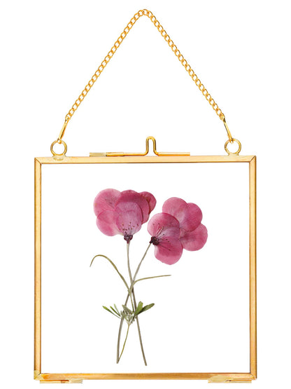 REDHUGO Glass Pressed Flower Frames,Vintage Hanging Picture Frames with Chain,Handmade Brass Floating Picture Frame,Plant Specimen Wall Ornament Display Artwork DIY Family Photo,Square,Gold,4x4 Inches