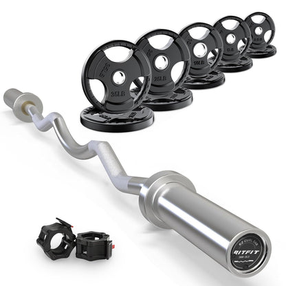 RitFit 2 Inch EZ Curl Bar with Weights, 350LBS Capacity Olympic Barbell for Bicep & Triceps, Home Gym Strength Training,with 155LBweights
