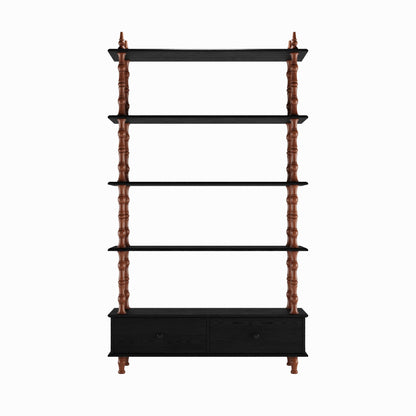 KEIKI 74.4 Inch Bookcase Shelf, 5 Tier Wood Book Shelf, Large Open Shelves with Storage Drawers, Solid Wood Veneered Free Standing Shelves for Living Room, Study Room, Black