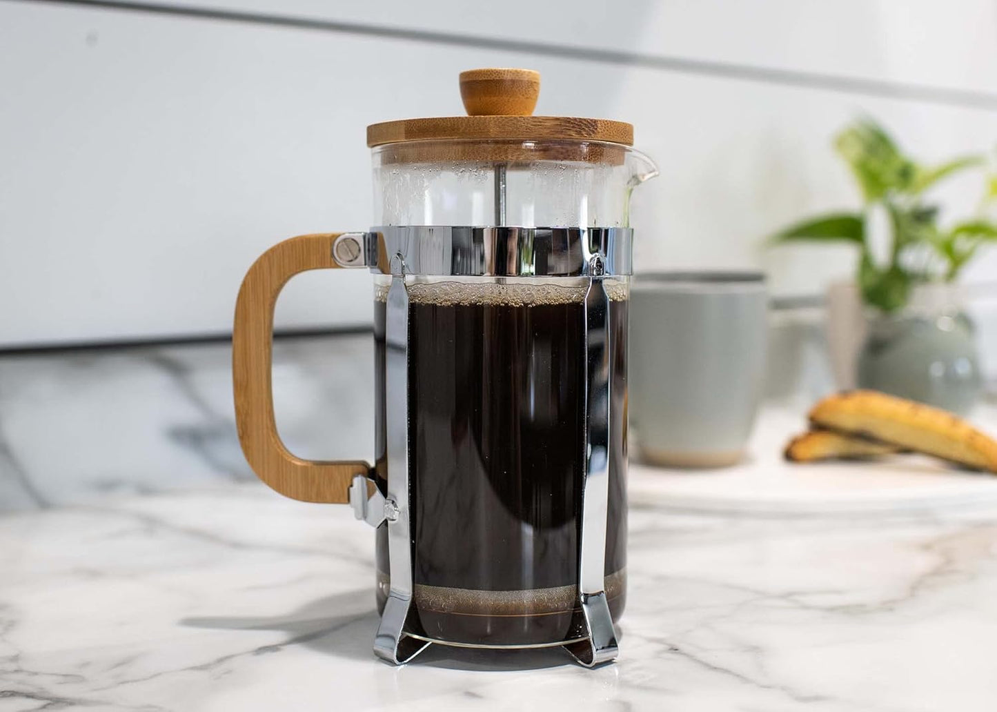Elanze Designs Natural Woodgrain 600 mL Glass Chrome Plated Bamboo Wood French Press Coffee Maker