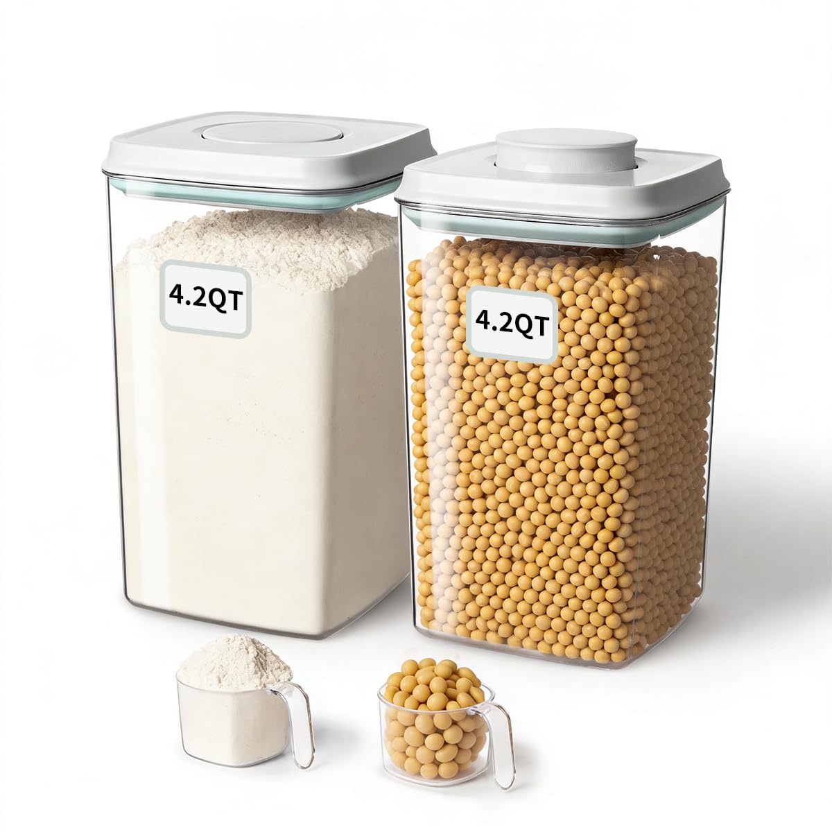 EQI Airtight Food Storage Containers Set with One-Touch Lid, 2-Pack (4.22 QT / 4.0 L) Tall Stackable Durable PET for Bulk Rice, Flour & Baking Essentials Organizer.