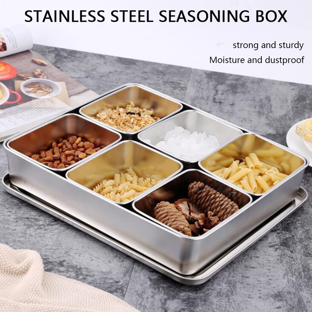 Stainless Steel Seasoning Box with Lid and Holder Tray, 6 Compartments Rectangle Masala Dabba Spice Container, Indian Masala Box Organizer Set for Kitchen Condiment Storage (6 Compartments)
