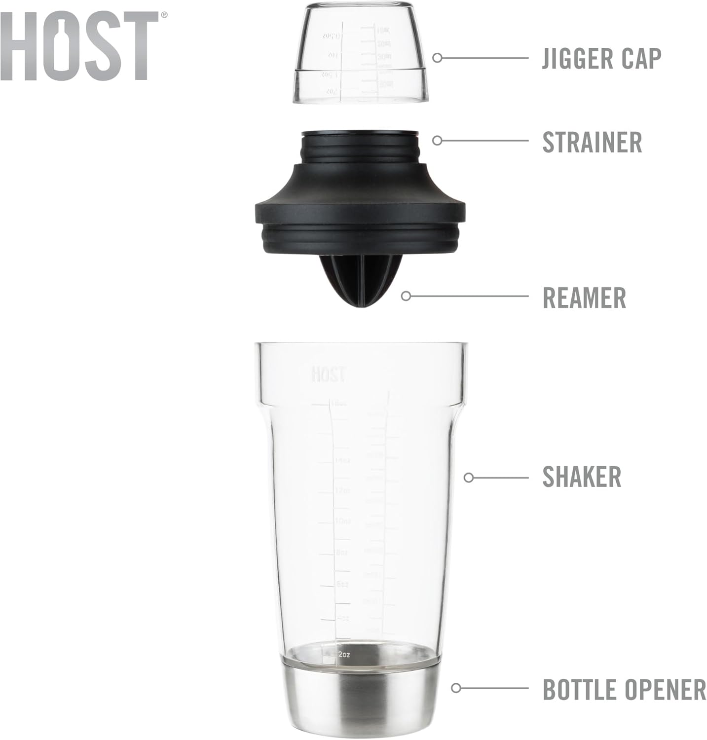 Host All in One Cocktail Shaker Set with Measurements, Reamer, Bottle Opener, Strainer, Jigger, 18 oz