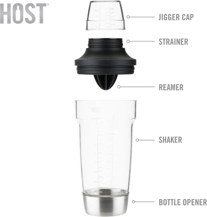 Host All in One Cocktail Shaker Set with Measurements, Reamer, Bottle Opener, Strainer, Jigger, 18 oz