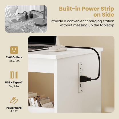Giantex Folding Sewing Table with Charging Station, Rolling Craft Table with Storage Trays & Shelf, Foldable Sewing Machine Cabinet Desk with Lockable Wheels for Small Spaces (White)