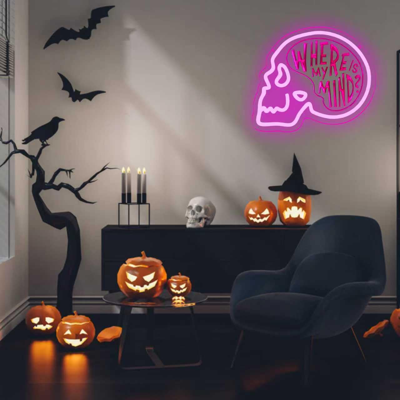 MOERBENCHI Skull Where is My Mind Neon Signs for Wall Decor, USB Dimmable Pink Skeleton LED Neon Light Sign for Bedroom Man Cave Beer Bar Club Game Room, Halloween Party Decor Gift