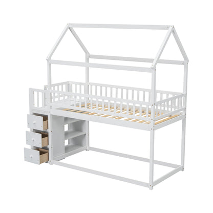 Bellemave Bunk Bed Twin Over Twin, Bunk Bed with Slides and Stairs, House Bunk Bed with roof, Twin bunk Bed for Kids, Teens, Kids bunk beds, White