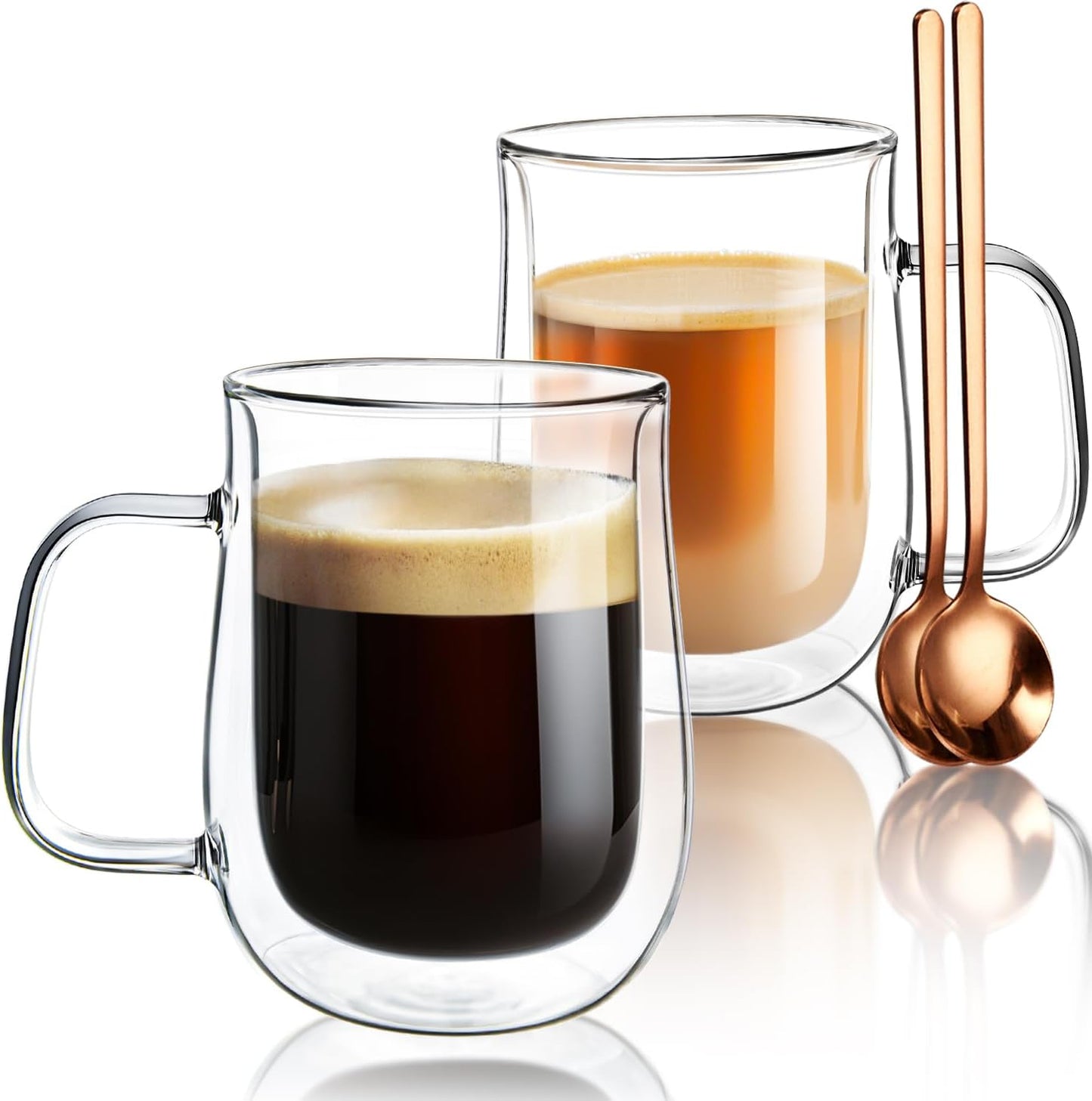 16 OZ, Set 2 Double Walled Glass Coffee Mugs Borosilicate Glass Coffee Cups of with Spoons, Insulated Clear Coffee Mug