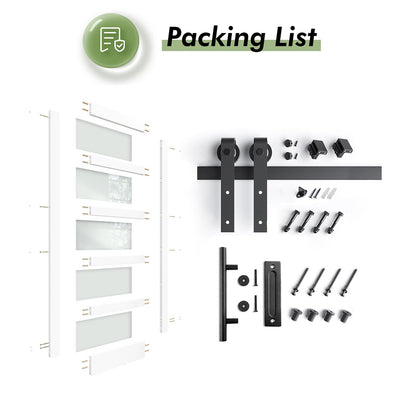 Fredbeck 36in x 84in White Glass Barn Door with 6.6FT 79inch Sliding Doors Hardware Kit Included & Handle,PVC Surface,Need to Assembly,Water-Proof